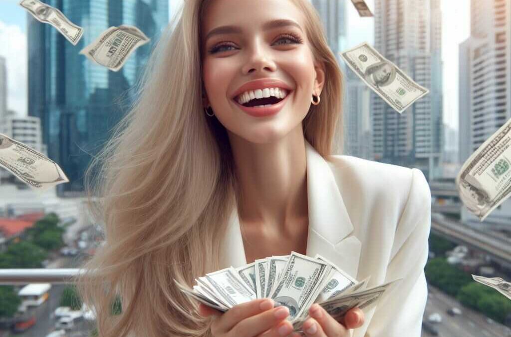 uśmiechnięta kobieta z pieniędzmi